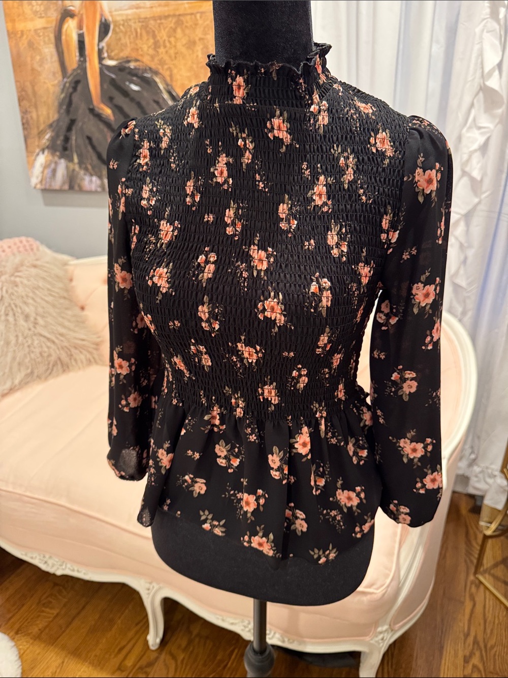 Crave Fame Black Smocked Peplum Blouse with Peach Floral Print